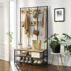 ACAZA Garderoberek Met Bankje, 100cm Breed, Kapstok En Schoenenrek - Lichte Eik -Uitgebreide Kwaliteitswinkel Voor Thuis 1000045921 0102