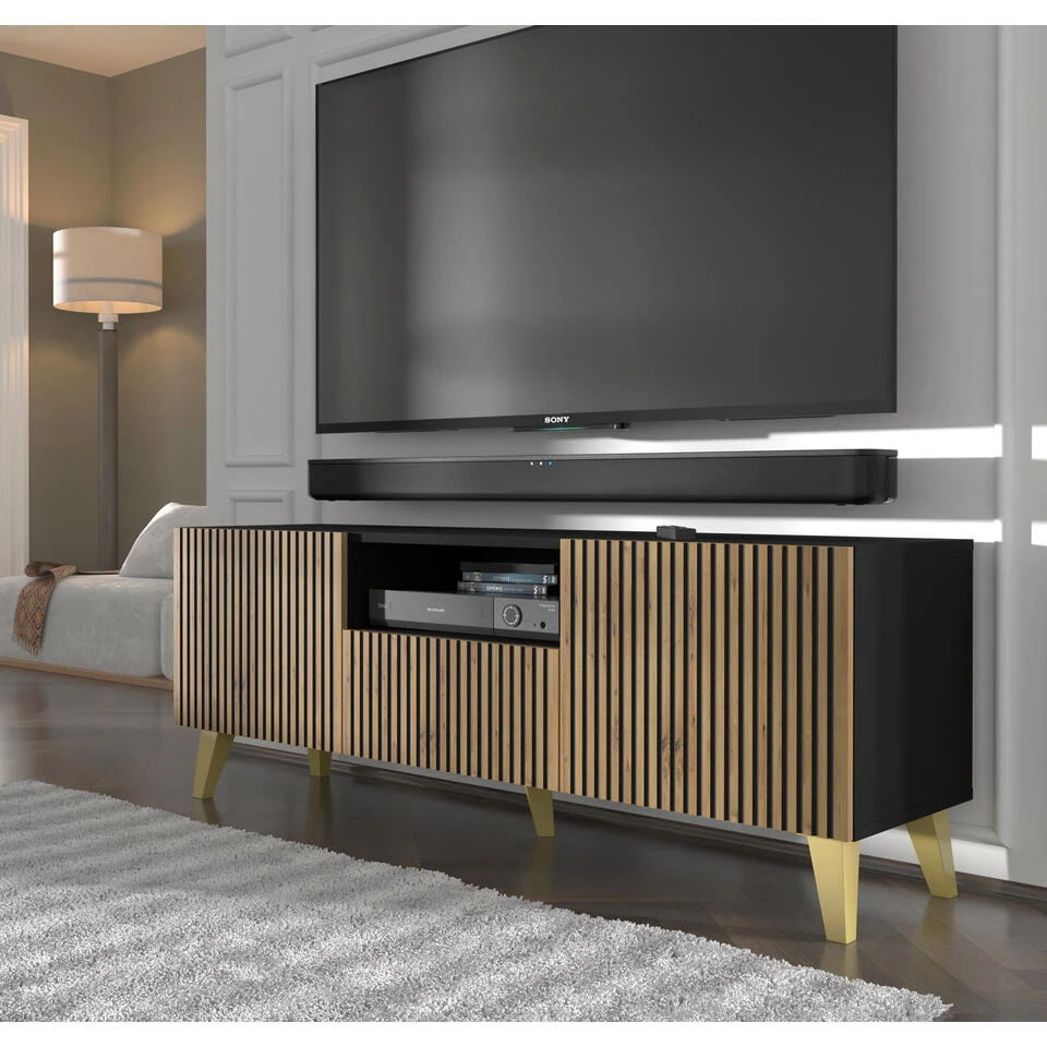 TV Meubel Ravenna P Painted MDF 56x150x42 Zwart 3 TV Meubel Ravenna P Painted MDF 56x150x42 Zwart - Afbeelding 3